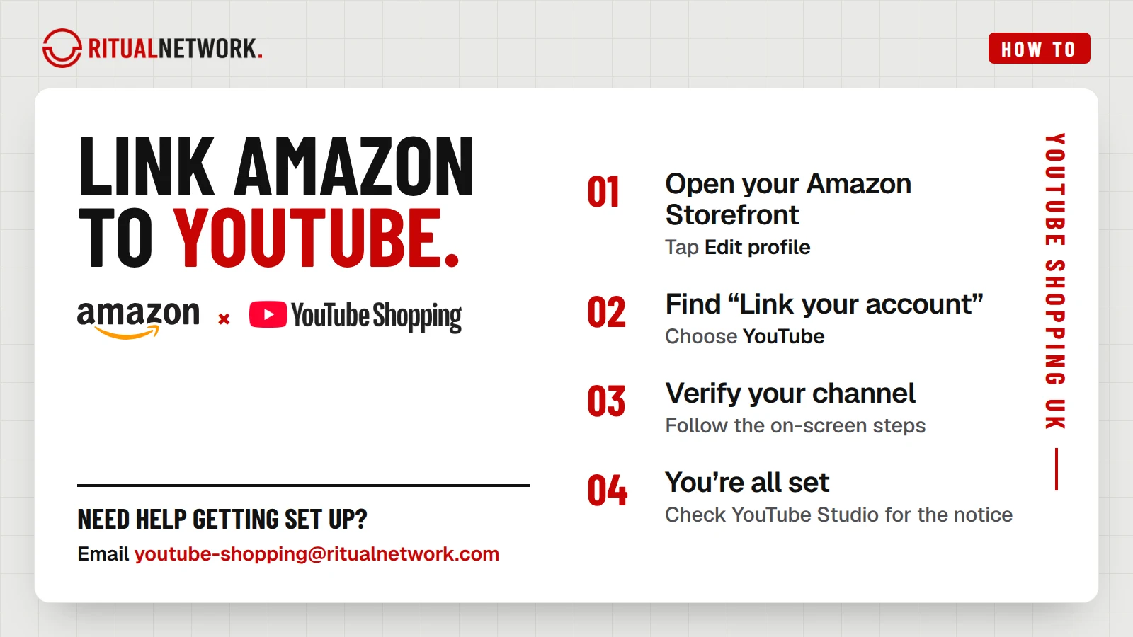 Four steps to link Amazon to YouTube: open your Amazon Storefront and tap Edit profile, find Link your account and choose YouTube, verify your channel, then check YouTube Studio for the notice.